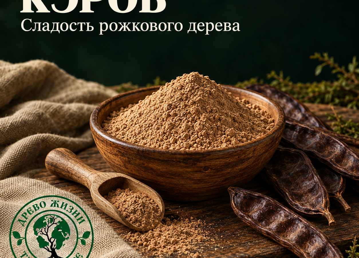 Код продукта №23. Кэроб: сладость рожкового дерева 2 Кэроб в деревянной миске, порошок в деревянной ложке и плоды рожкового дерева на натуральной ткани