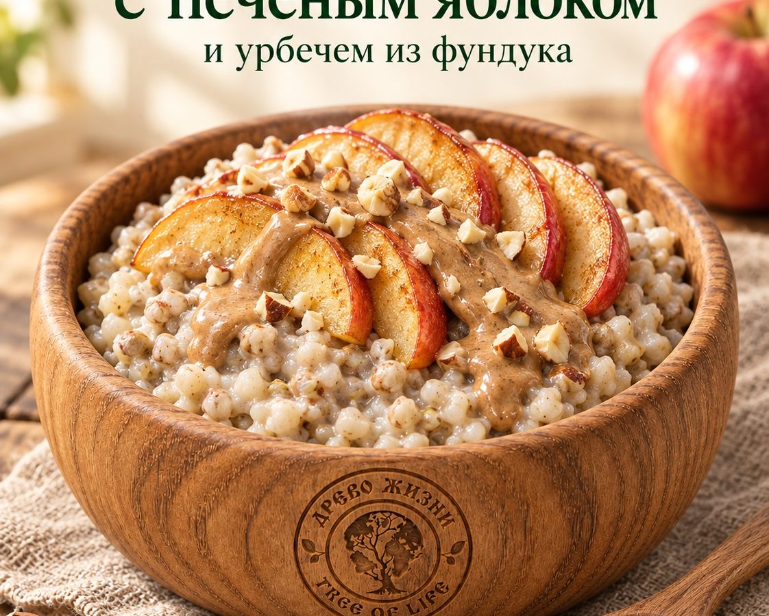 Зелёная гречка с печёным яблоком и урбечем из фундука 12 Зелёная гречка с печёными яблоками, урбечем и фундуком в деревянной миске Древо Жизни