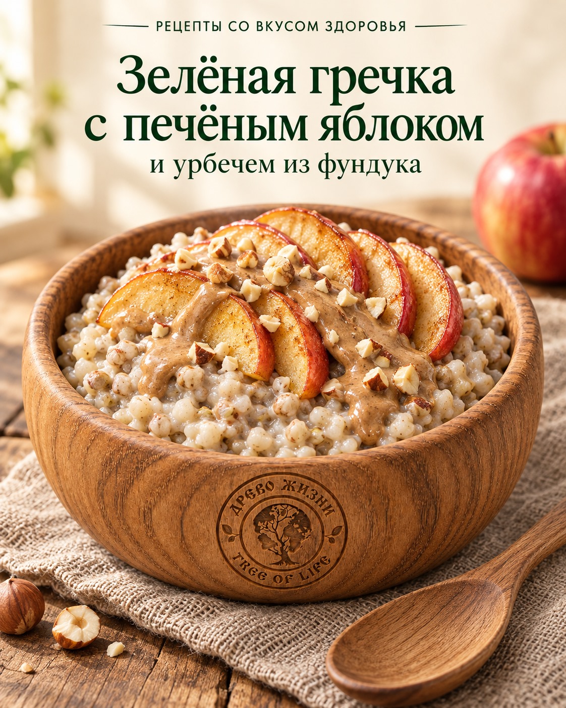 Зелёная гречка с печёным яблоком и урбечем из фундука 1 Зелёная гречка с печёными яблоками, урбечем и фундуком в деревянной миске Древо Жизни