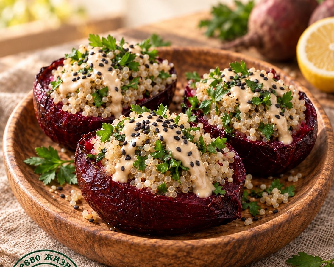 Печёная свёкла с киноа и кунжутным соусом 11 Печёная свёкла с киноа и кунжутным соусом в деревянной посуде
