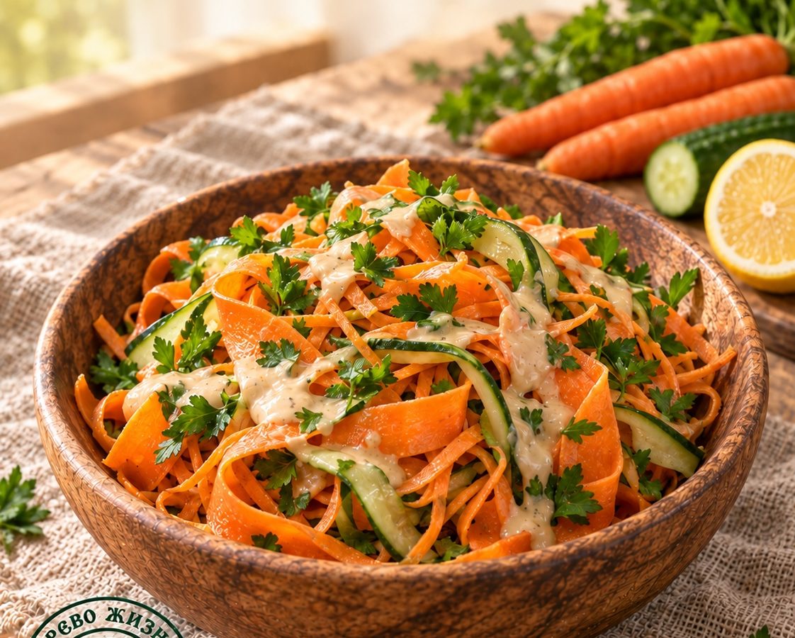 Морковная лапша с кунжутно-лимонным соусом 10 Морковная лапша с кунжутно-лимонным соусом в деревянной посуде