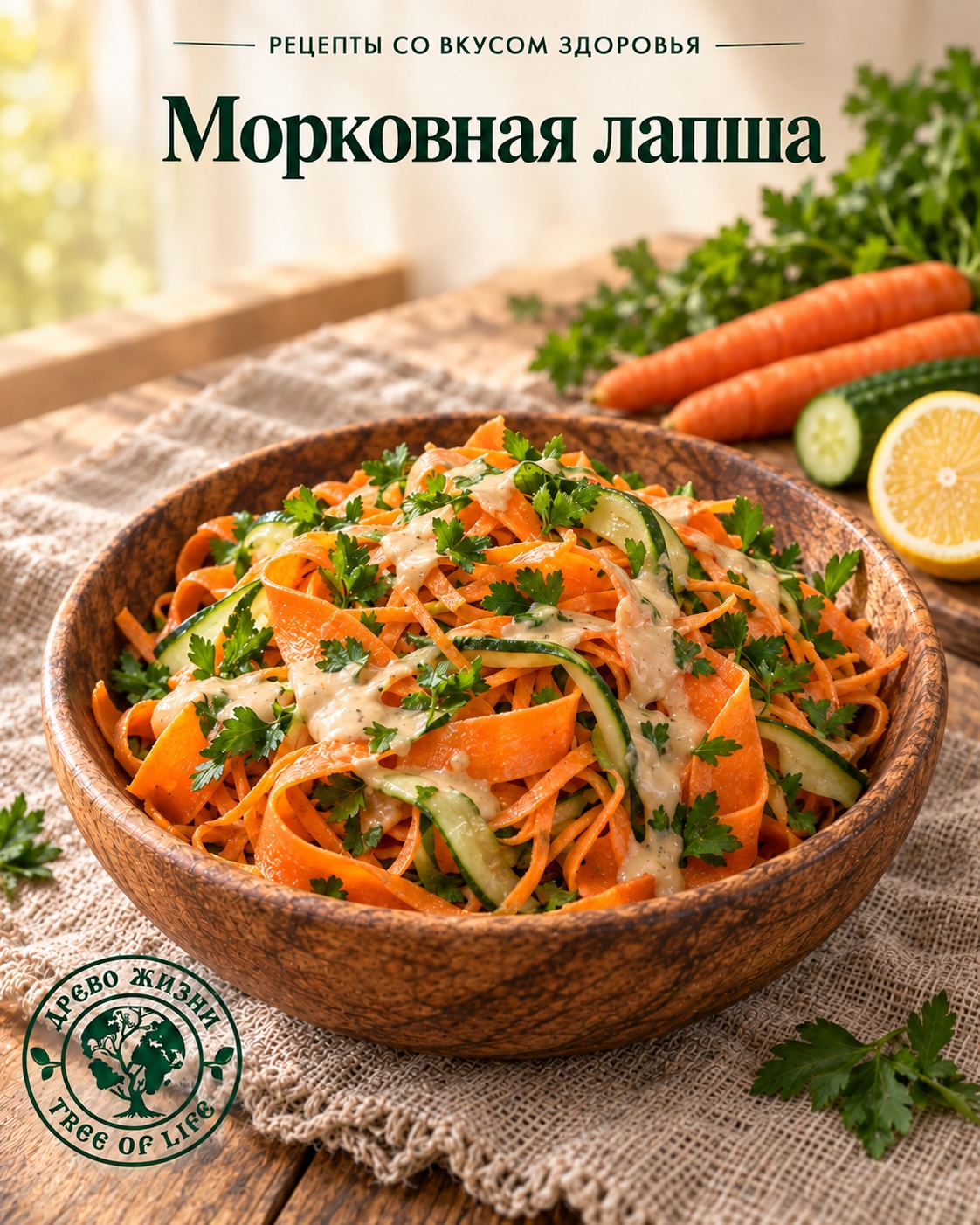 Морковная лапша с кунжутно-лимонным соусом 1 Морковная лапша с кунжутно-лимонным соусом — подача в деревянной посуде