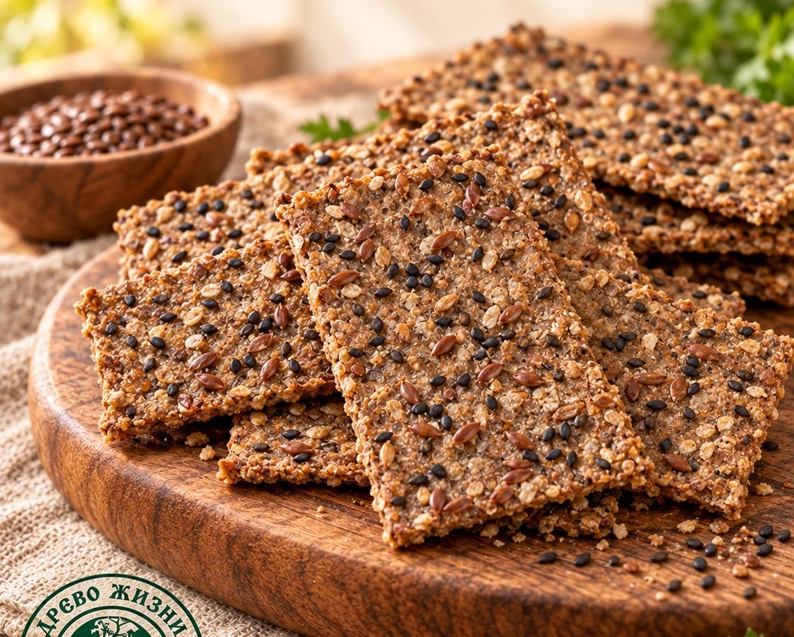 Ржаные хлебцы с льном и кунжутом 9 Ржаные хлебцы с льном и кунжутом в деревянной посуде