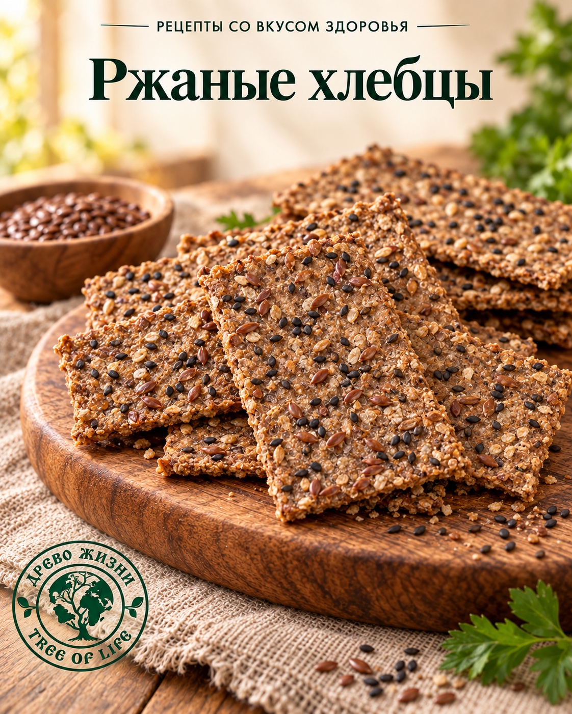 Ржаные хлебцы с льном и кунжутом 1 Ржаные хлебцы с льном и кунжутом — подача в деревянной посуде