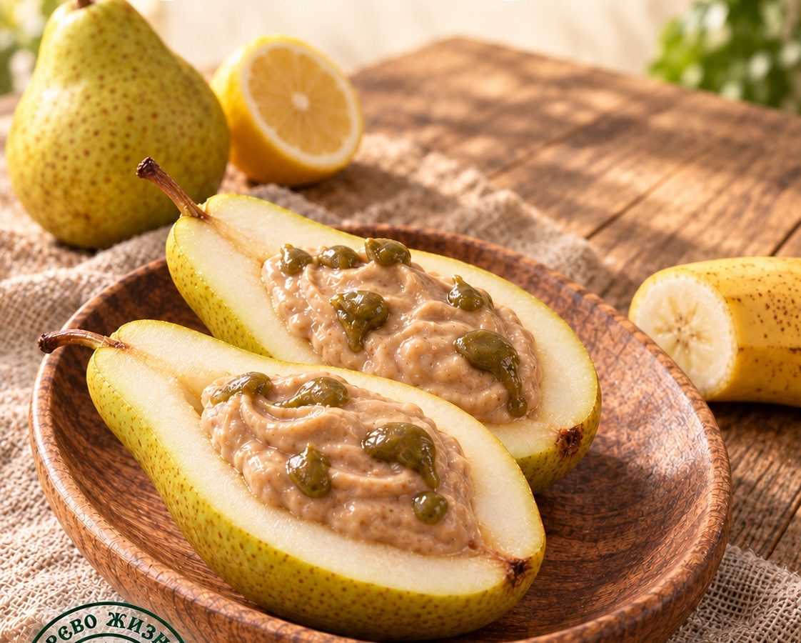 Свежие груши с фундуковым кремом в деревянной посуде