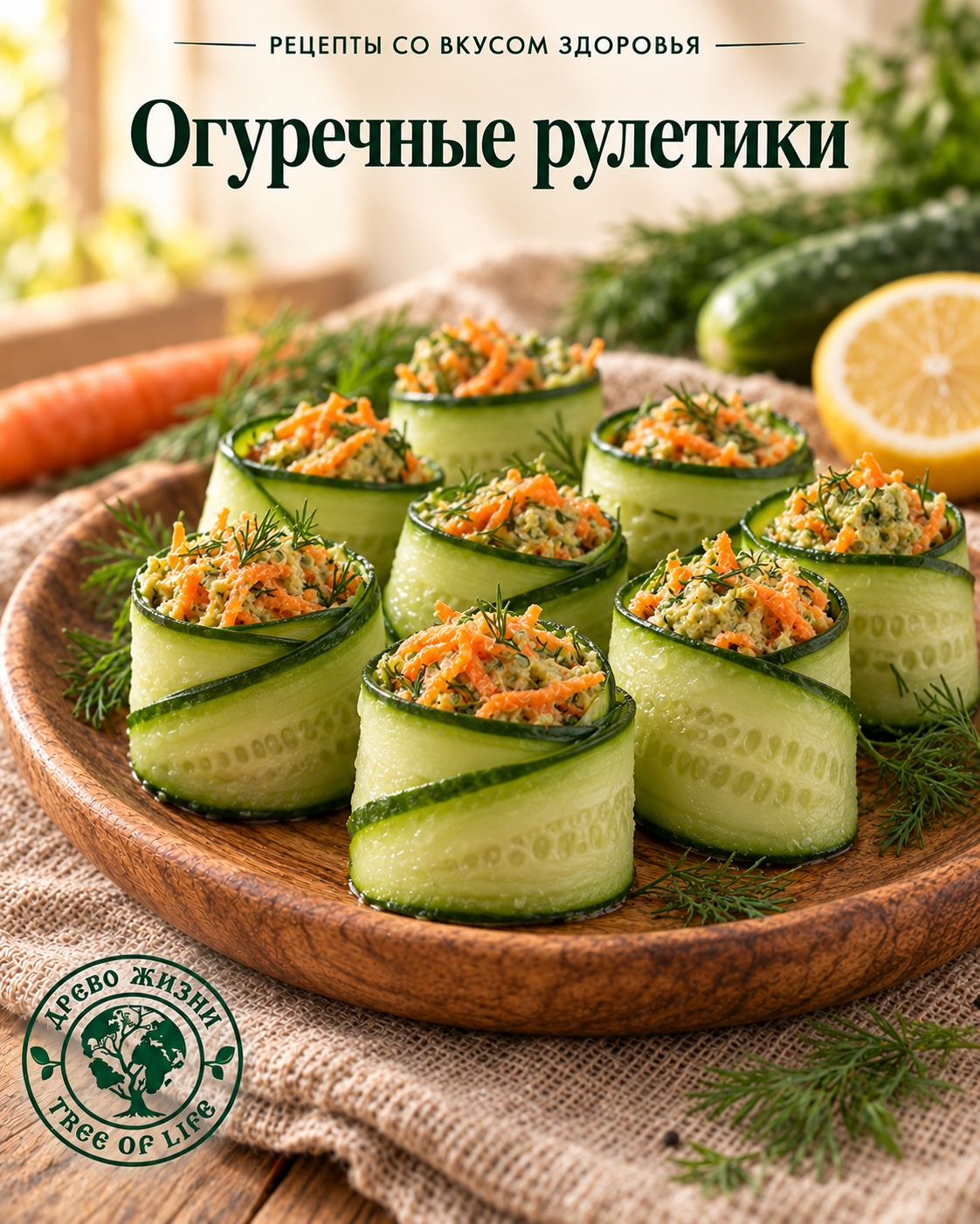 Огуречные рулетики с морковно-конопляной начинкой 1 Огуречные рулетики с морковно-конопляной начинкой — подача в деревянной посуде
