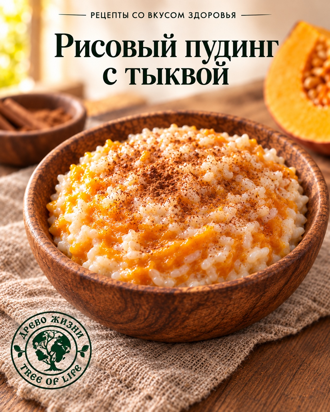 Рисовый пудинг с тыквой и кокосовым молоком — подача в деревянной посуде