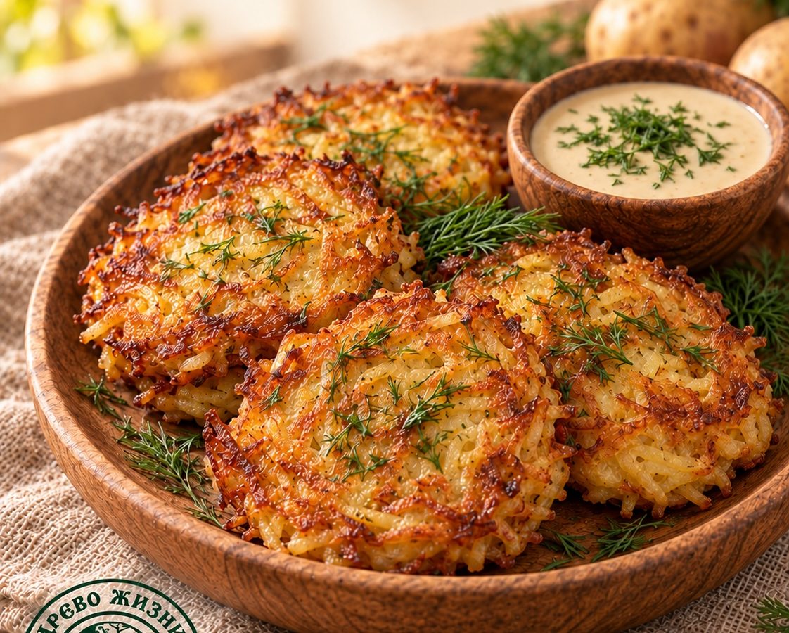 Картофельные драники с льняной мукой 4 Картофельные драники с льняной мукой в деревянной посуде