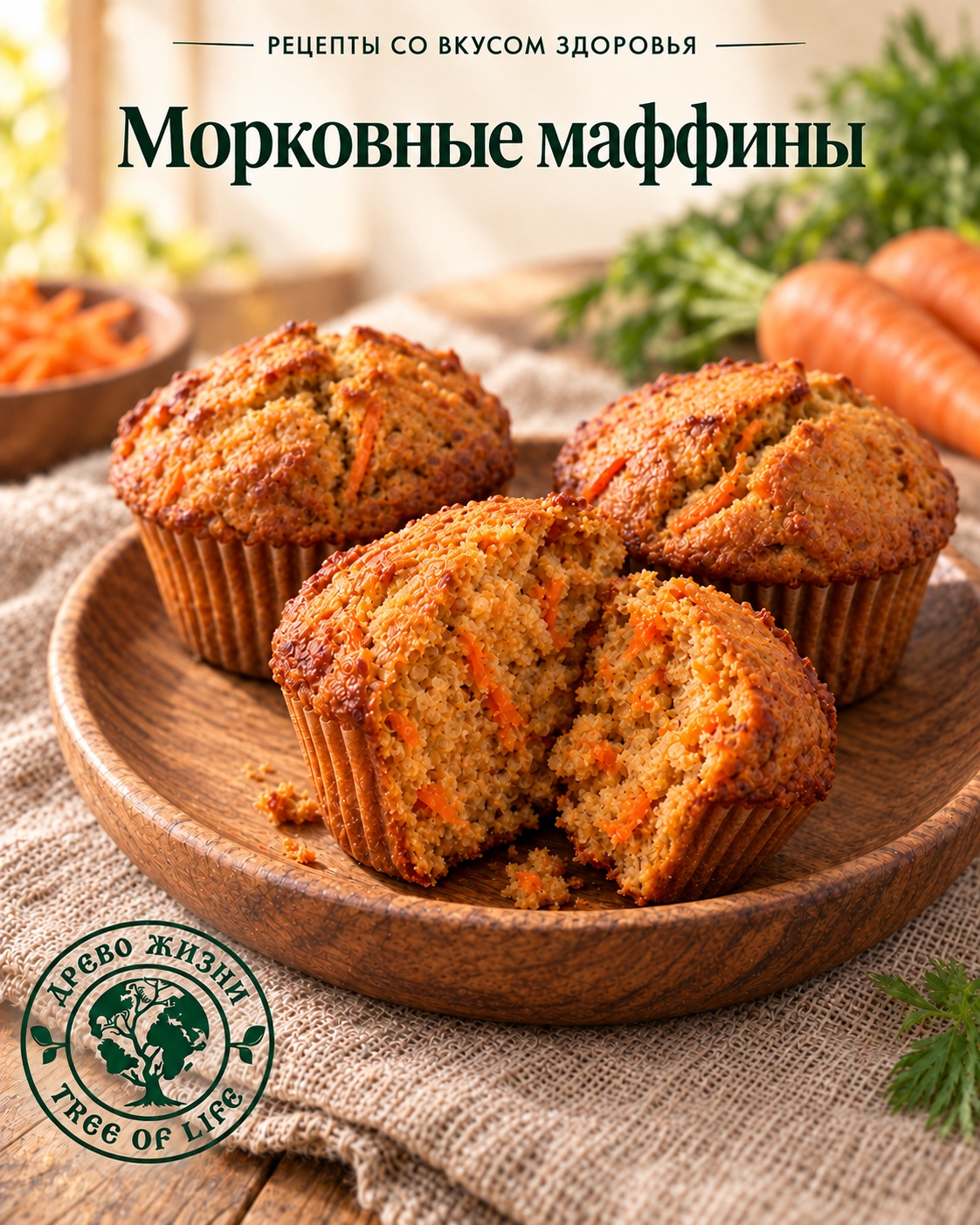 Морковные маффины с тахини без яиц 1 Морковные маффины с тахини без яиц — подача в деревянной посуде