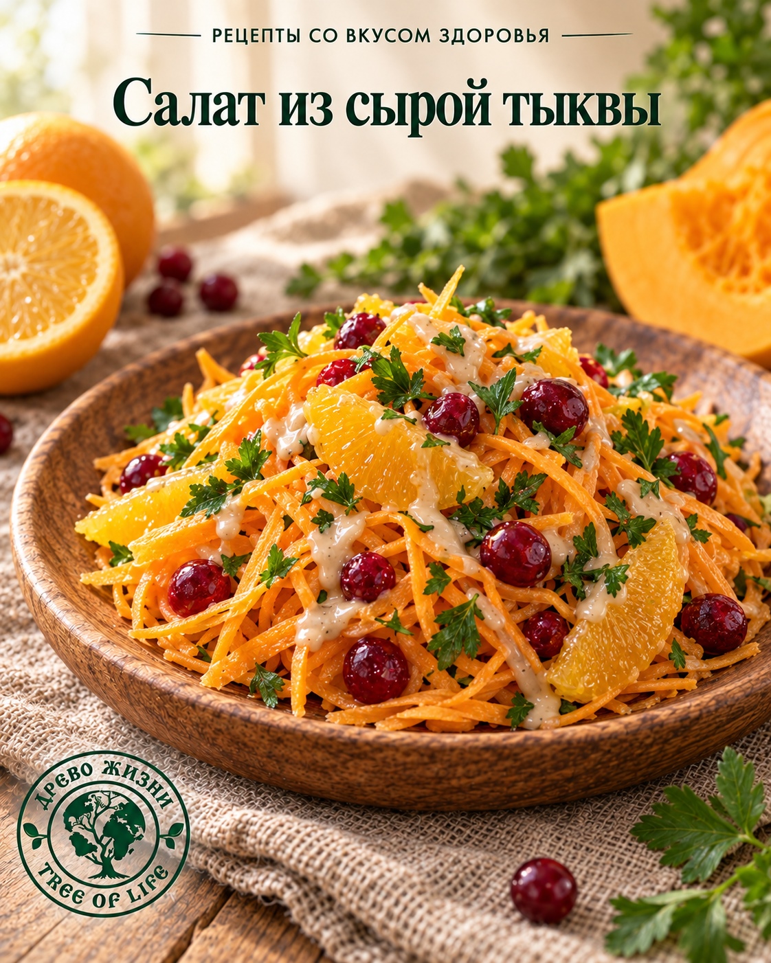 Салат из сырой тыквы с клюквой и апельсином 1 Салат из сырой тыквы с клюквой и апельсином — подача в деревянной посуде