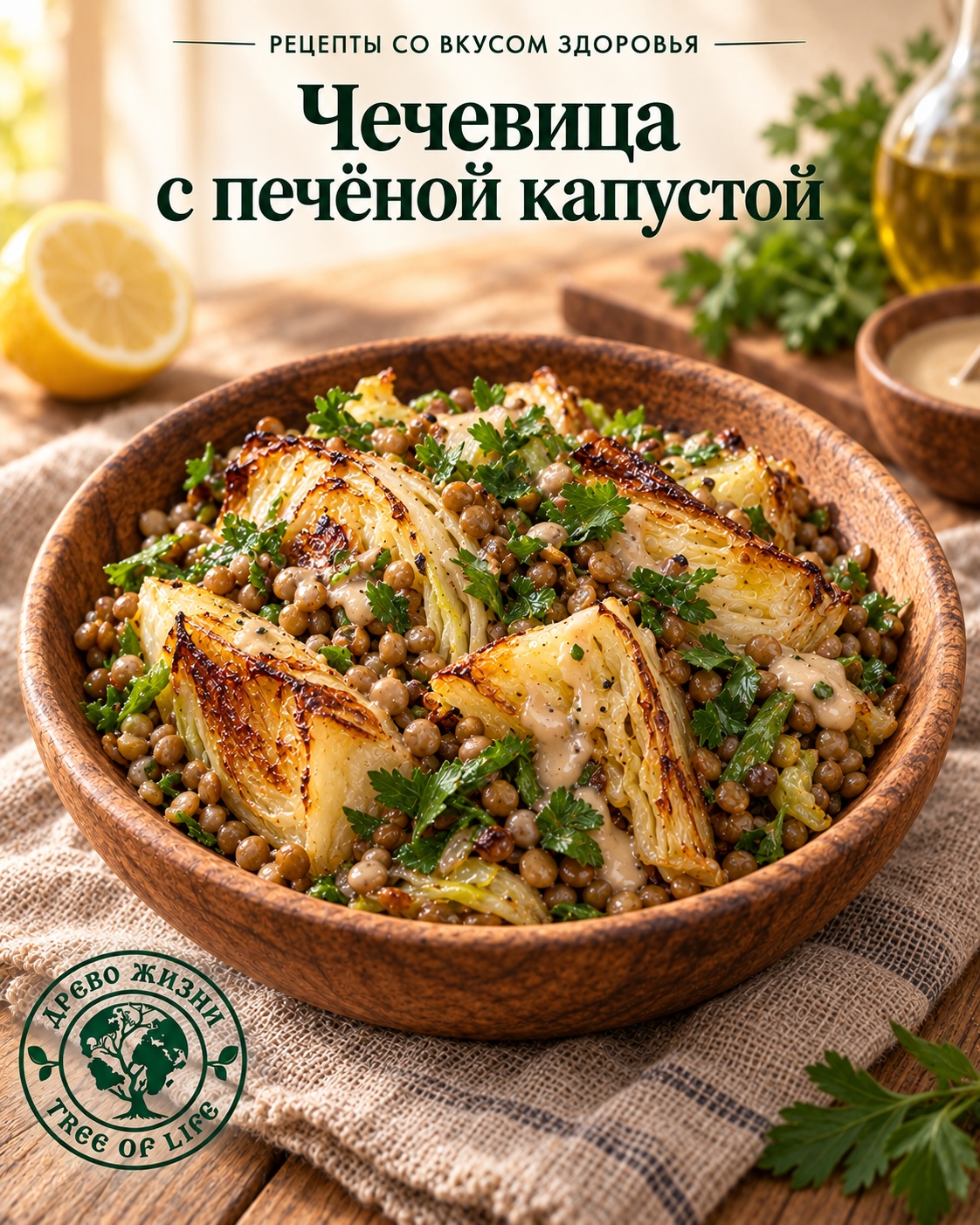 Тёплый салат из чечевицы и печёной капусты 1 Тёплый салат из чечевицы и печёной капусты — подача в деревянной посуде
