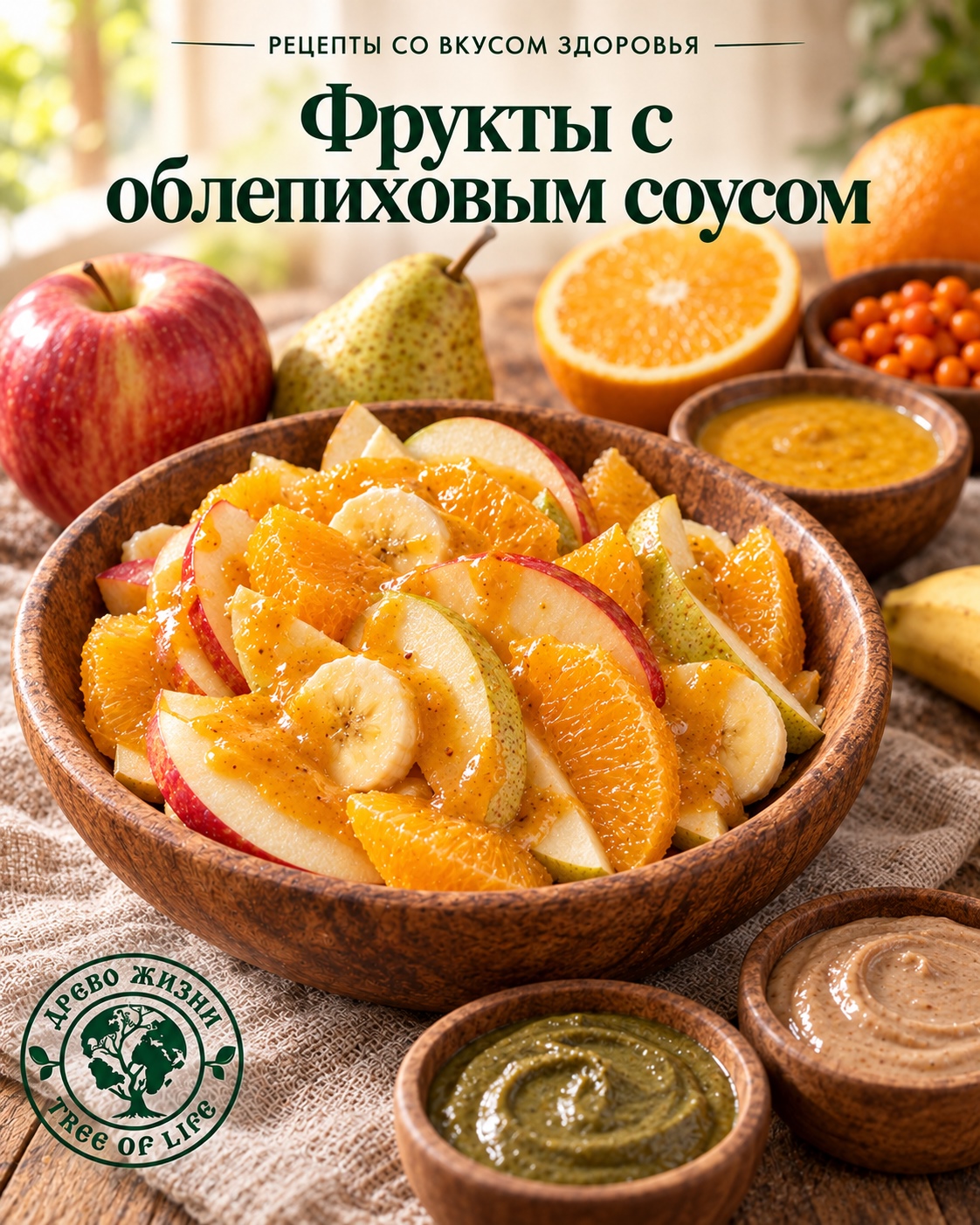 Осенний фруктовый салат с облепиховым соусом 1 Осенний фруктовый салат с облепиховым соусом — подача в деревянной посуде