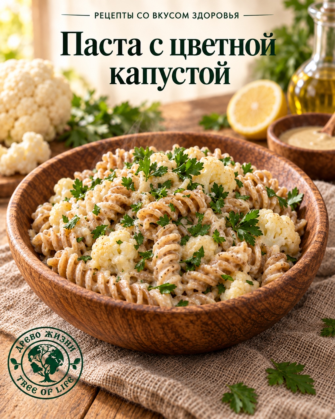 Паста из полбы с соусом из цветной капусты 1 Паста из полбы с соусом из цветной капусты — подача в деревянной посуде