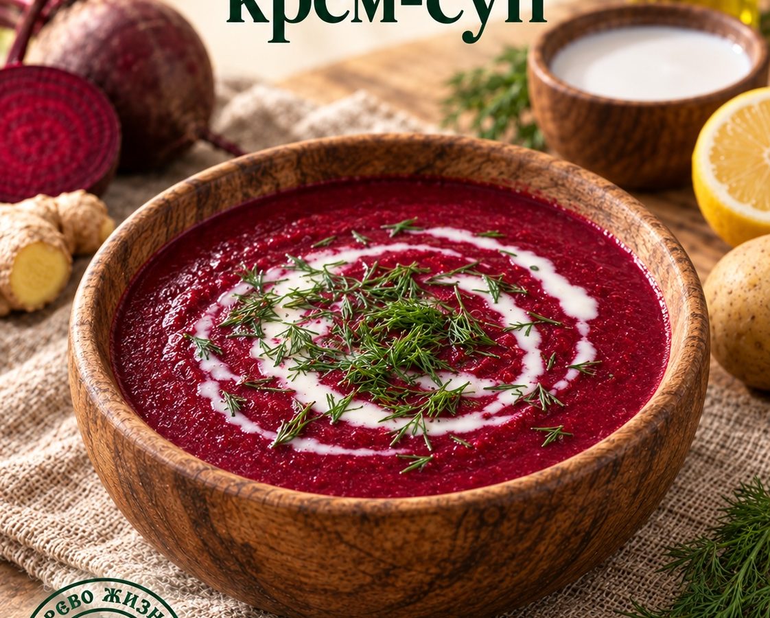 Свекольный крем-суп с кокосовым молоком в деревянной посуде