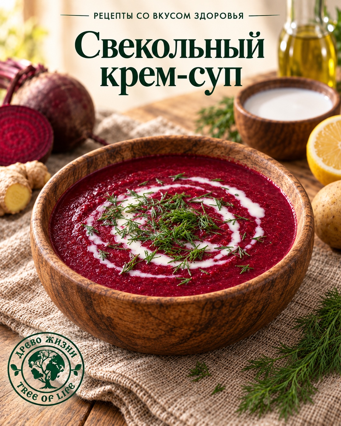 Свекольный крем-суп с кокосовым молоком 1 Свекольный крем-суп с кокосовым молоком — подача в деревянной посуде