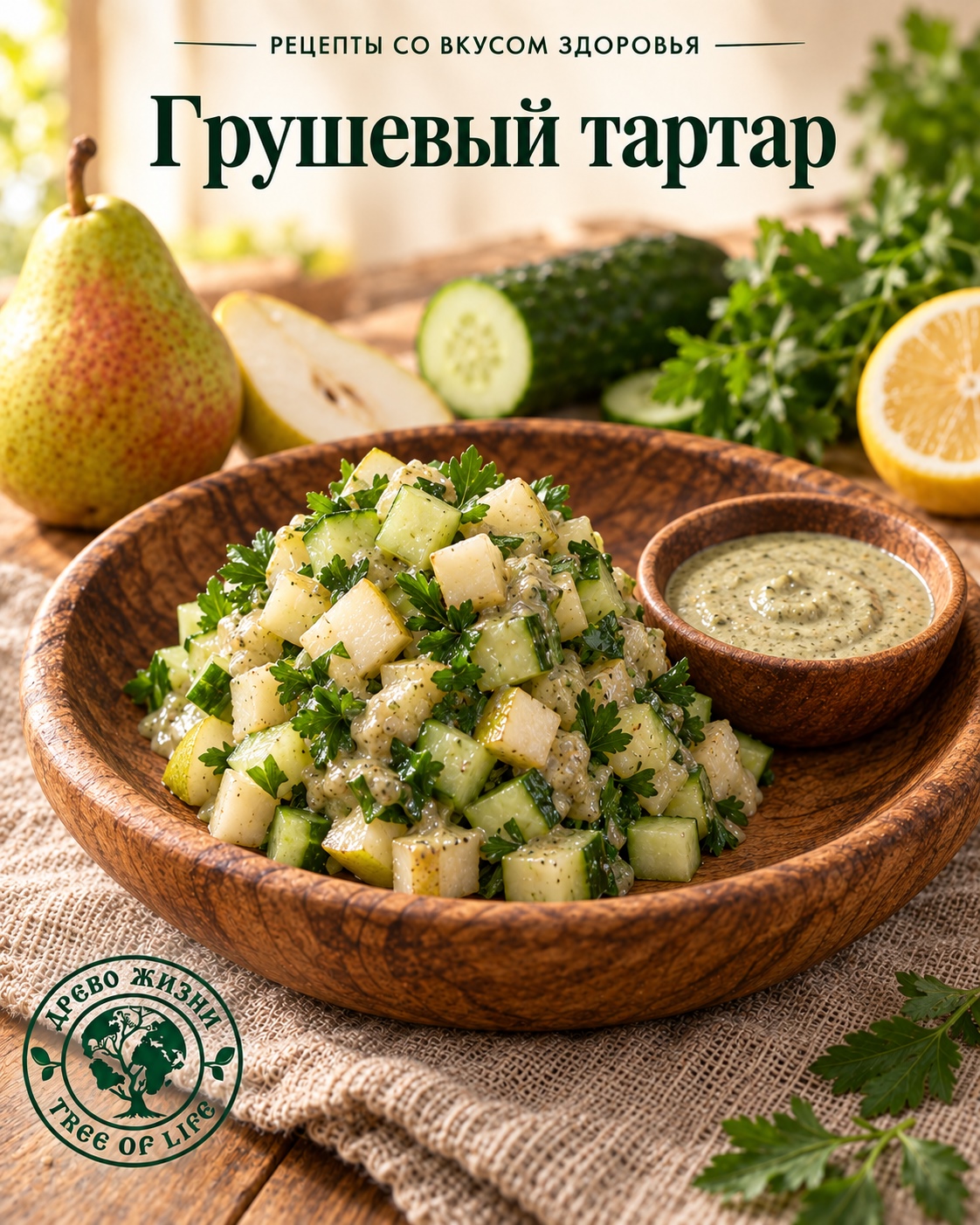 Грушевый тартар с огурцом и конопляным соусом 1 Грушевый тартар с огурцом и конопляным соусом — подача в деревянной посуде