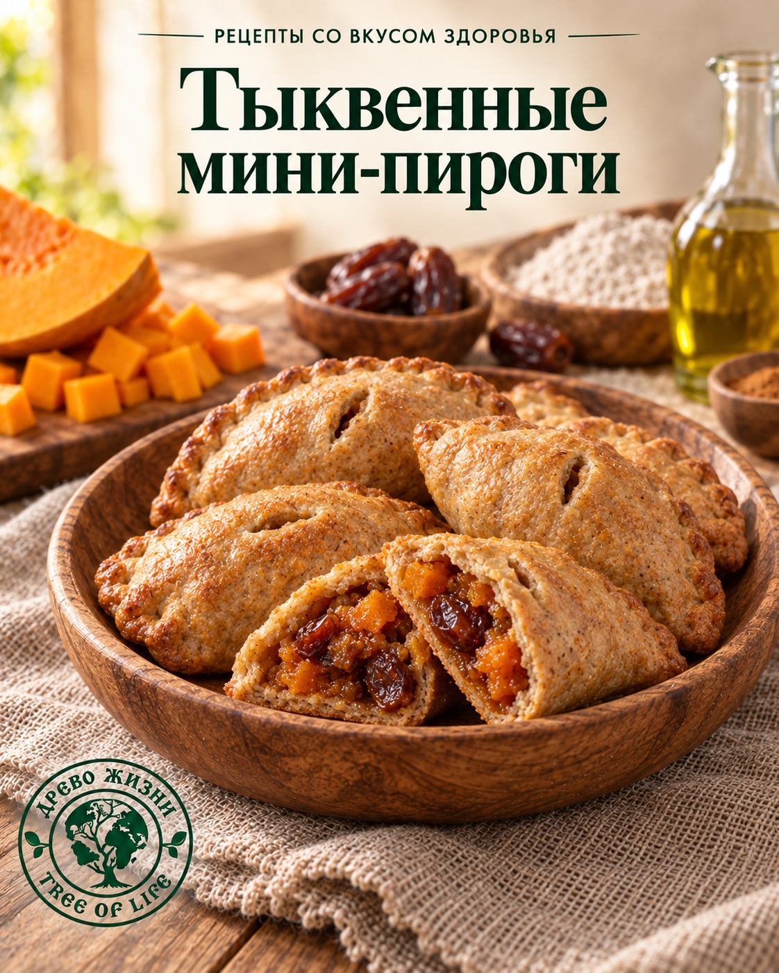 Тыквенные мини-пироги с финиками 1 Тыквенные мини-пироги с финиками — подача в деревянной посуде